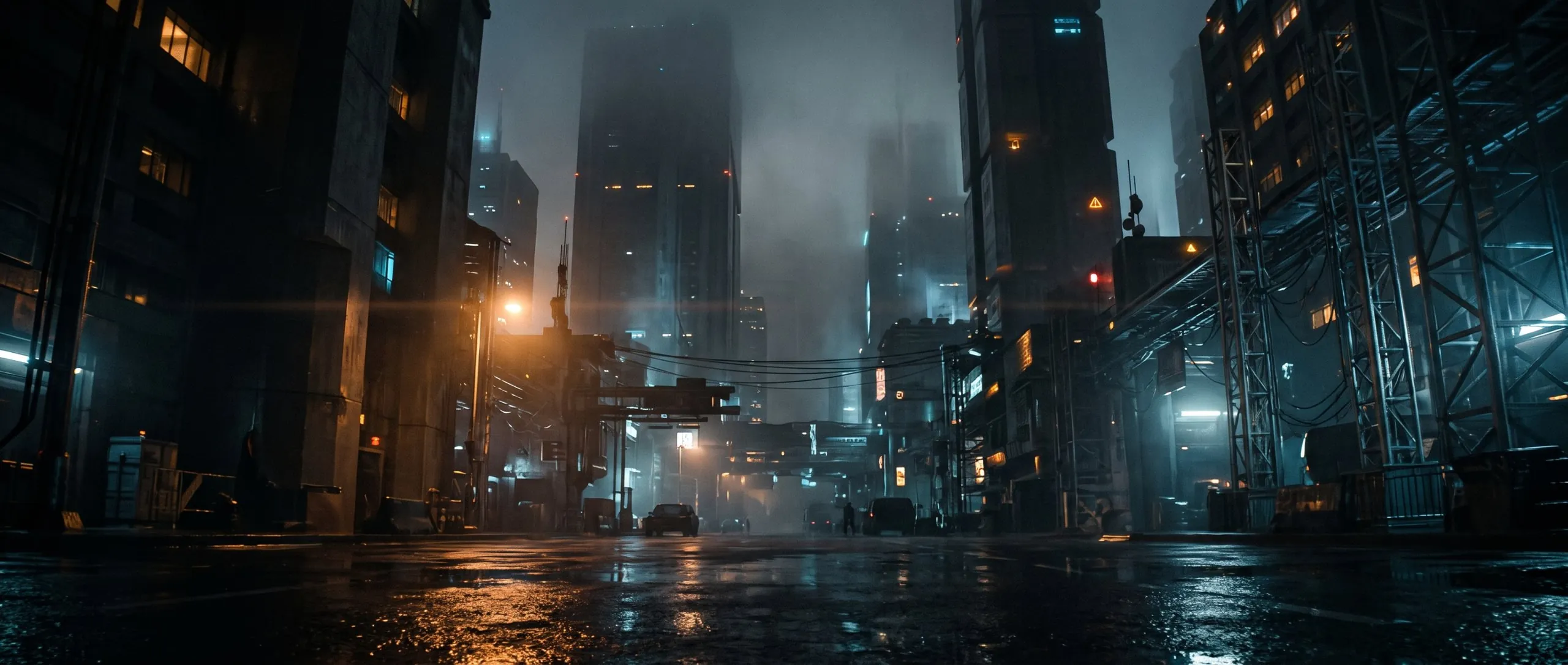 A rain-wet street canyon in 2080 Los Angeles, towers vanishing into smog