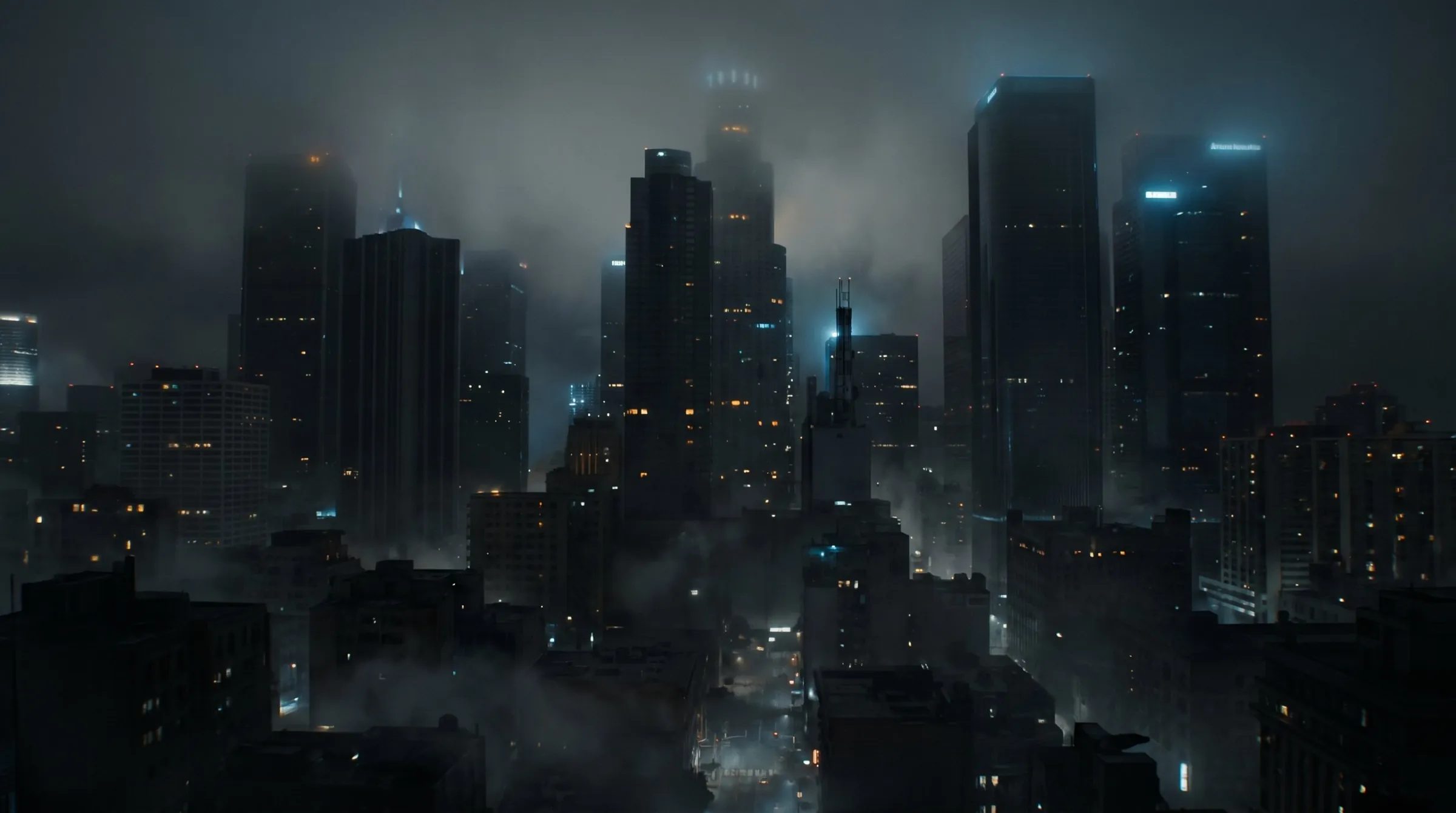 Fog-filled Los Angeles skyline at night
